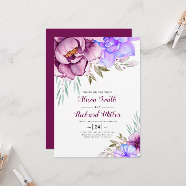 Invitación Púrpura, azul acuarela flores boda floral (Anverso/Reverso In Situ)