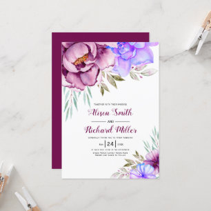 Invitación Púrpura, azul acuarela flores boda floral
