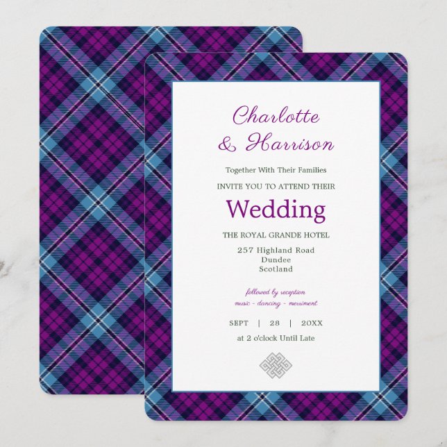 Invitación Púrpura azul escocés Tartan Plaid Boda (Anverso / Reverso)