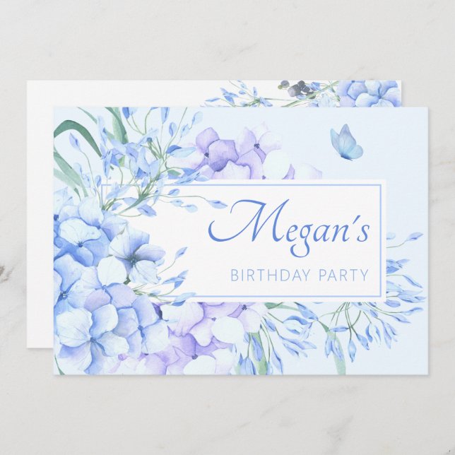 Invitación Púrpura azul floral elegante cumpleaños (Anverso / Reverso)