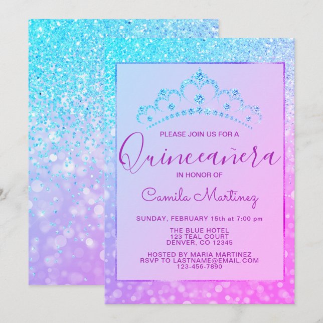 Invitación Púrpura - Azul Girona Purpurina Sparkle Quinceaner (Anverso / Reverso)