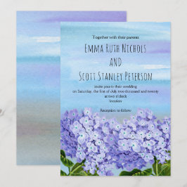 Invitación Púrpura, azul hidrangeas acuarela boda floral