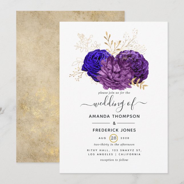 Invitación Púrpura, azul real y Boda floral de oro (Anverso / Reverso)