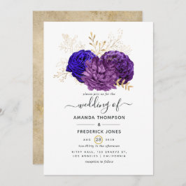 Invitación Púrpura, azul real y Boda floral de oro
