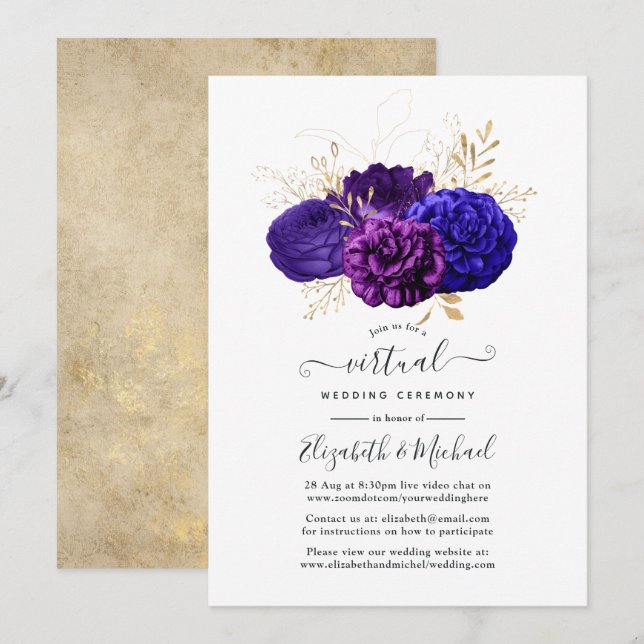 Invitación Púrpura, azul real y Boda virtual de floral dorada (Anverso / Reverso)
