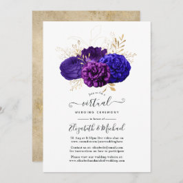 Invitación Púrpura, azul real y Boda virtual de floral dorada