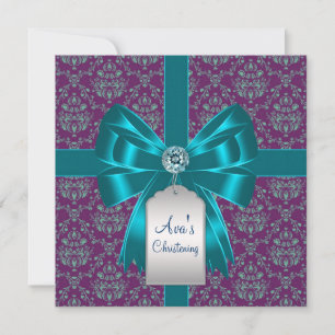 Invitación Púrpura Azul Turquesa Damask Bebé Bautizo Cristian