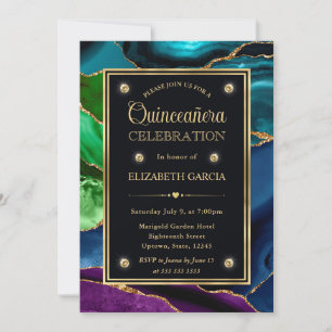 Invitación Púrpura, Azul y Verde Agata Brillo Quinceañera