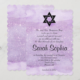 Invitación Púrpura Bat Mitzvah, Acuarela, Violeta, Purpurina