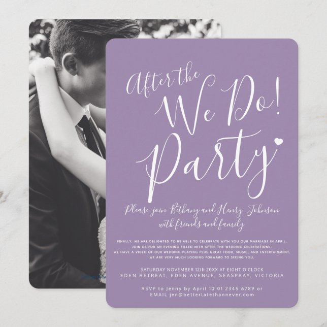Invitación Púrpura blanca después de la boda de nosotros tras (Anverso / Reverso)
