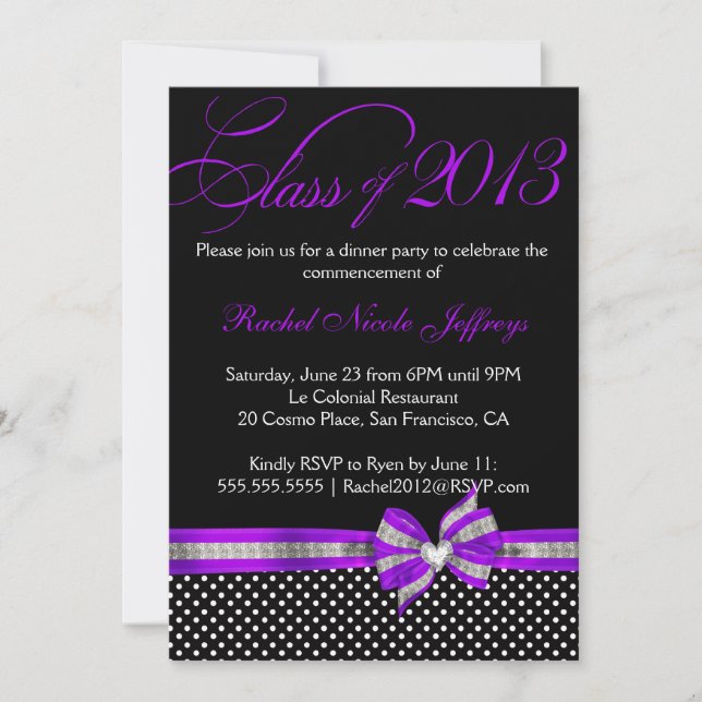 Invitación púrpura blanca negra de la graduación (Anverso)