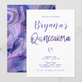 Invitación Púrpura Blanco Oro Mármol Chic Glam 15 Quinceañera