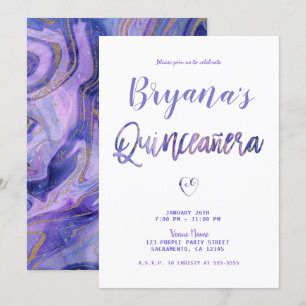 Invitación Púrpura Blanco Oro Mármol Chic Glam 15 Quinceañera