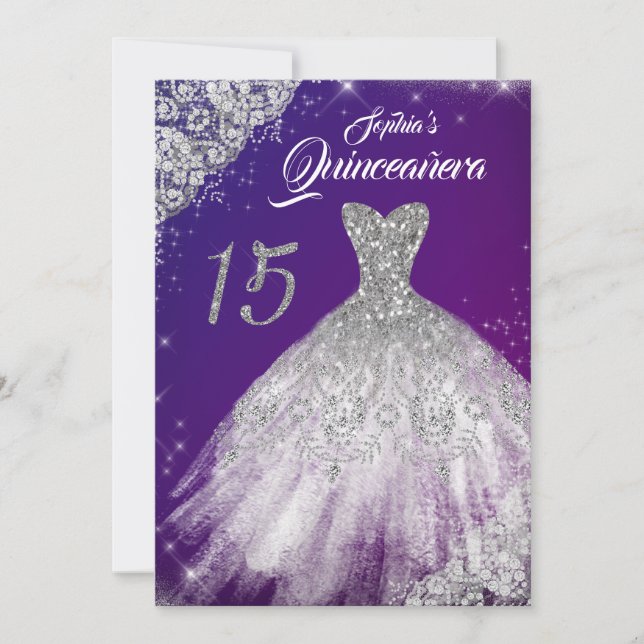 Invitación Púrpura Blue Lace Diamond Sparkle Gown Quinceanera (Anverso)