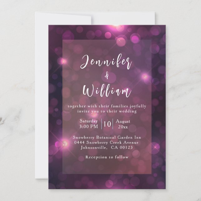 Invitación Púrpura Bokeh Sparkle Silver String Luces Boda (Anverso)