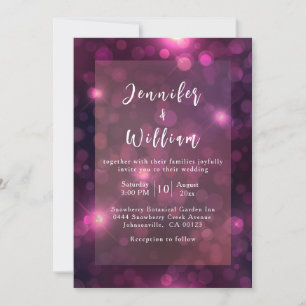 Invitación Púrpura Bokeh Sparkle Silver String Luces Boda