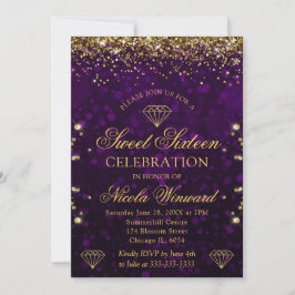 Invitación Púrpura Bokeh y brillo dorado Sweet 16