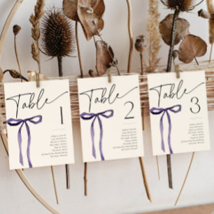 Invitación Púrpura Bow Tying Knot Table Number Card (Tarjeta 