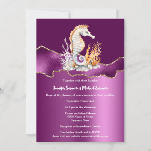 Invitación Púrpura caballito de mar blanco purpurina dorado n