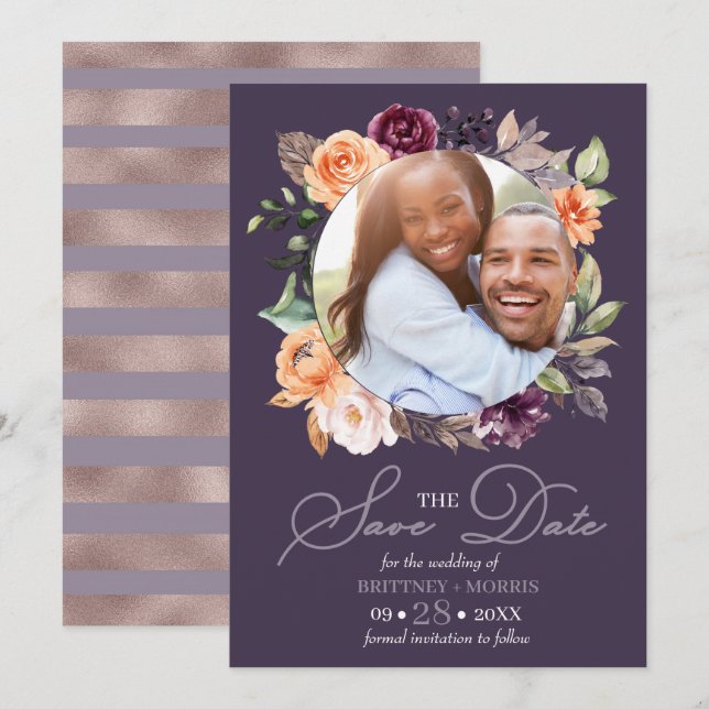 Invitación Púrpura Caída Floral Peach Save The Date Boda (Anverso / Reverso)