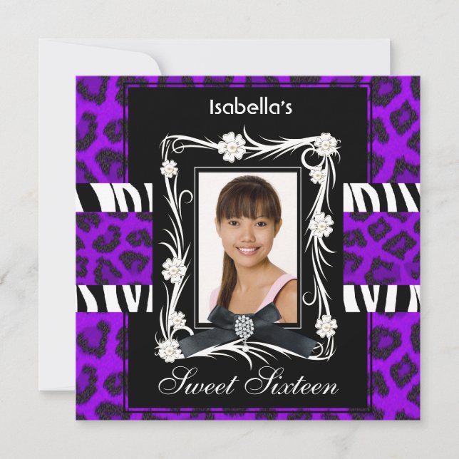 Invitación Púrpura cebra Leopard Sweet 16 Blanco Negro (Anverso)