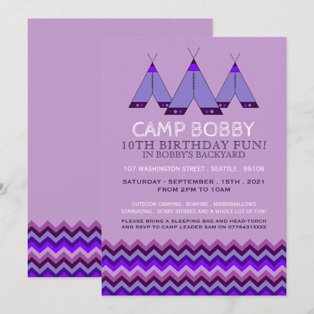 Invitación Púrpura Chevron Tipi, cumpleaños de camping (Anverso / Reverso)