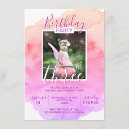 Invitación Púrpura Chica de color de agua rosa TRES AÑOS