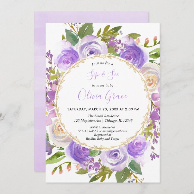 Invitación Púrpura chica Sip y See, lavanda floral lilac (Anverso / Reverso)