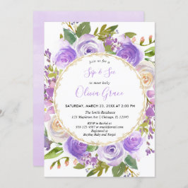 Invitación Púrpura chica Sip y See, lavanda floral lilac