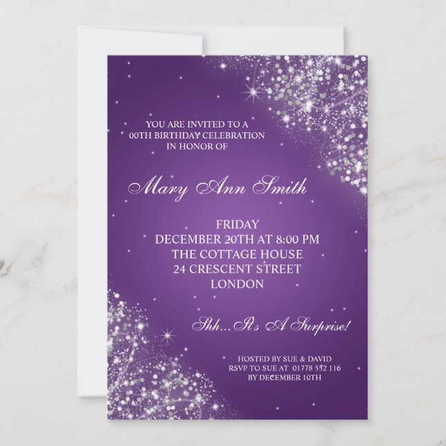 Invitación Púrpura chispeante elegante del purpurina de la (Anverso)
