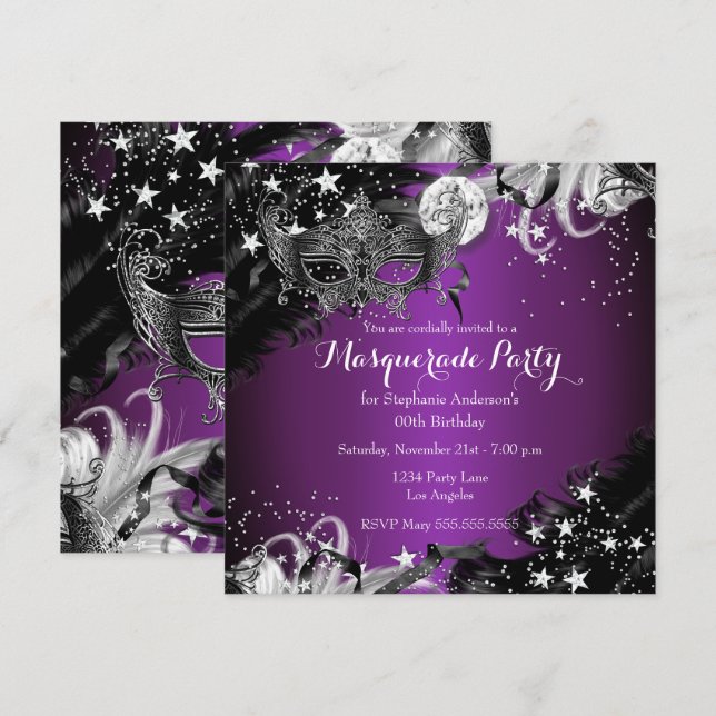 Invitación Púrpura cilla Esparkle Fiesta de Mascarada Noche M (Anverso / Reverso)