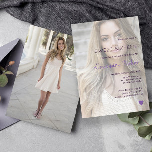 Invitación Púrpura corazón violeta simple foto dulce dieciséi