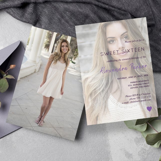 Invitación Púrpura corazón violeta simple foto dulce dieciséi (Subido por el creador)
