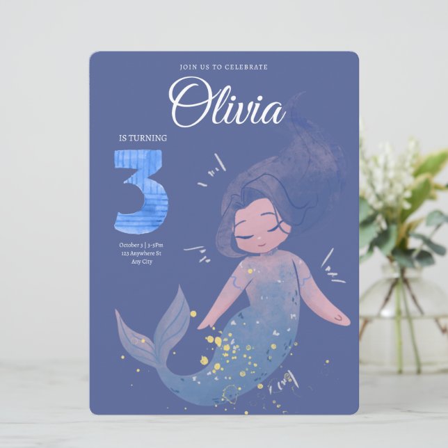 Invitación Púrpura Cuta Acuarela Sirena Cumpleaños (Anverso de pie)
