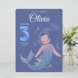 Invitación Púrpura Cuta Acuarela Sirena Cumpleaños