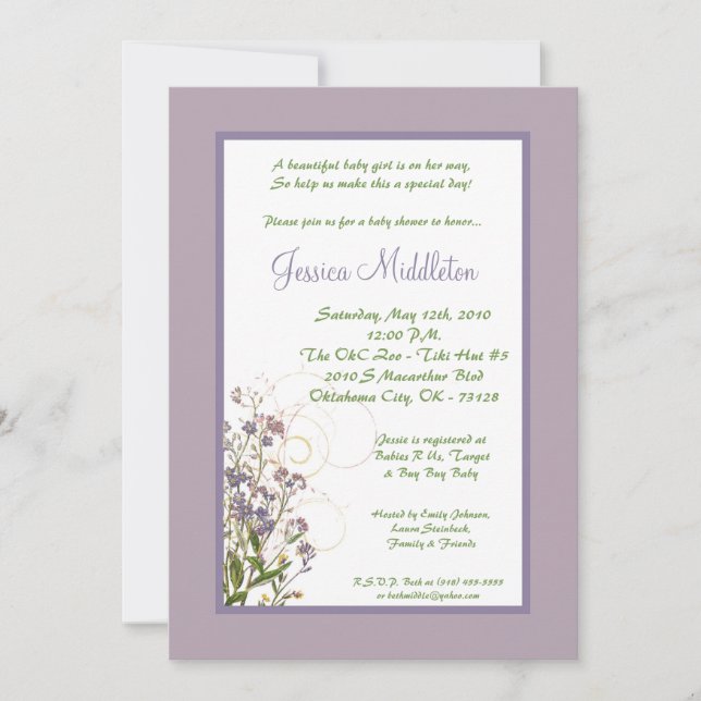 invitación púrpura de Baby Shower de la flor del (Anverso)