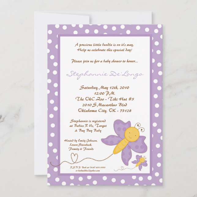 invitación púrpura de Baby Shower de la mariposa (Anverso)