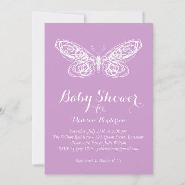 Invitación púrpura de Baby Shower de la mariposa (Anverso)