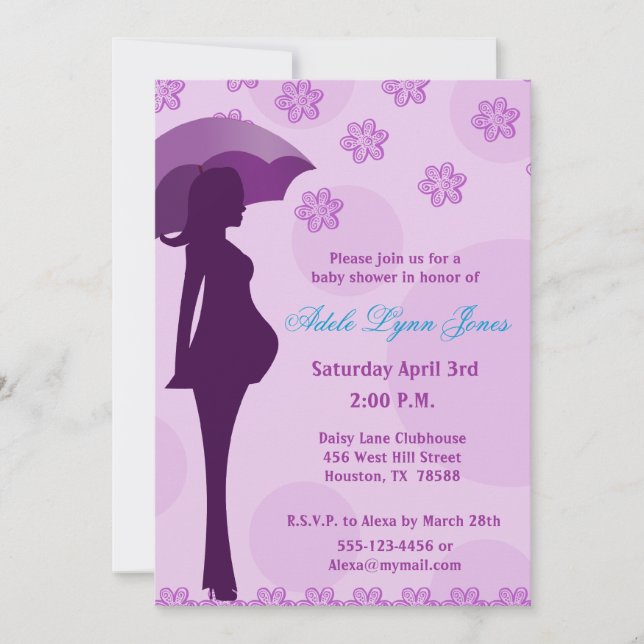 Invitación púrpura de Baby Shower de la silueta (Anverso)