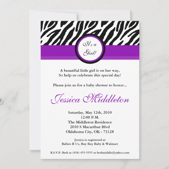 invitación púrpura de Baby Shower del estampado de (Anverso)