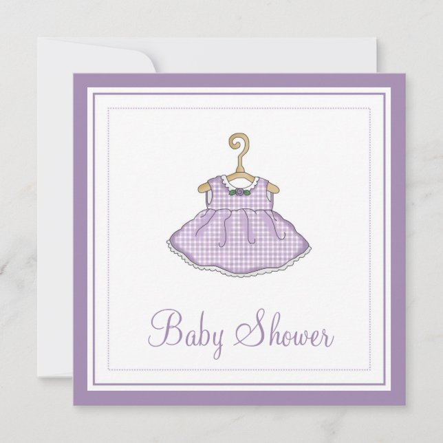 Invitación púrpura de Baby Shower del vestido de (Anverso)