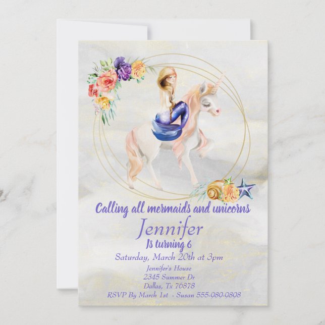 Invitación Púrpura de Bonito de oro Mermaid Unicorn (Anverso)