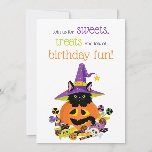 Invitación Púrpura de felina de Halloween, verde, cumpleaños  (Anverso)