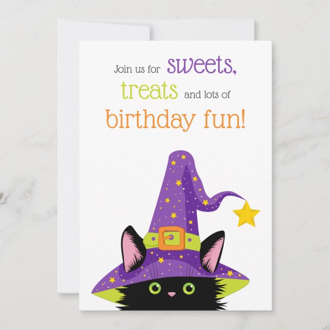 Invitación Púrpura de felina de Halloween, verde, cumpleaños  (Anverso)