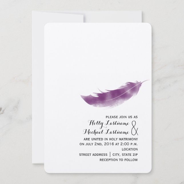 Invitación púrpura de la boda de la pluma de Boho (Anverso)