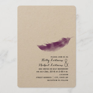 Invitación púrpura de la boda de la pluma de Boho