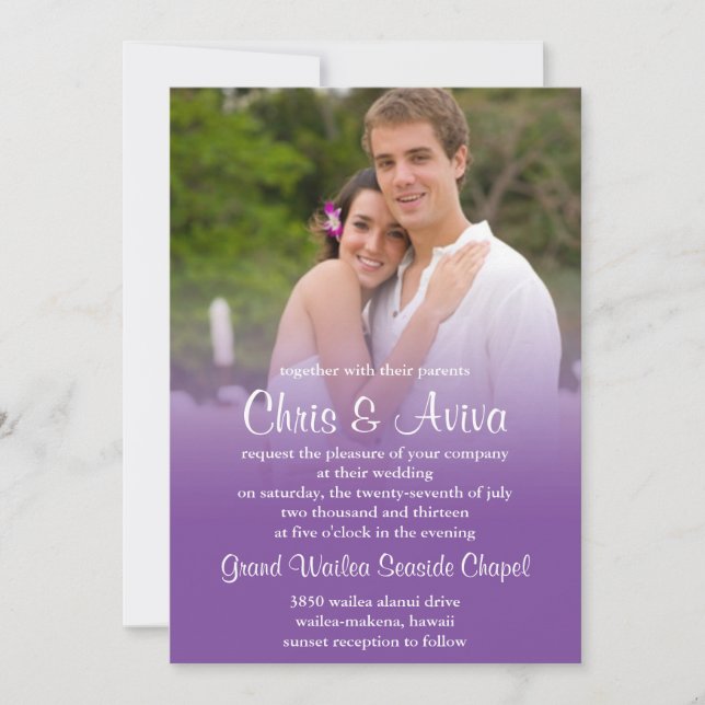 Invitación púrpura de la boda de la puesta del sol (Anverso)