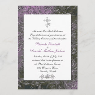 Invitación púrpura de la boda del damasco