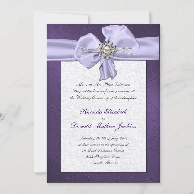 Invitación púrpura de la boda del damasco (Anverso)