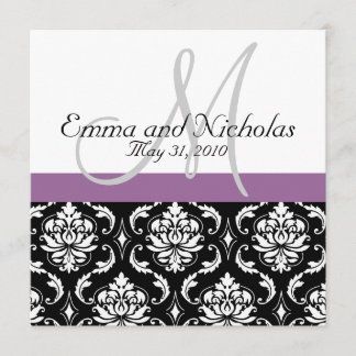 Invitación púrpura de la boda del damasco del